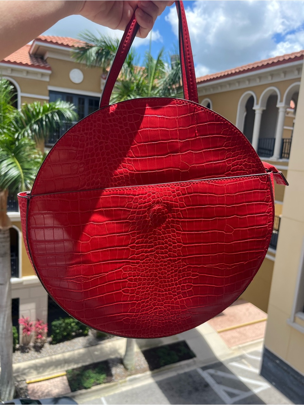 Red Croc-Embossed Round Tote - Italian